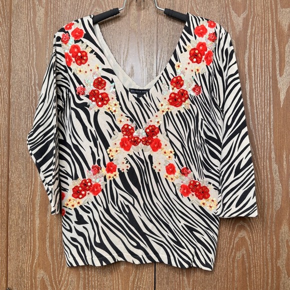 Maurice Sasson Tops - Maurice Sasson Zebra Print Silk Blend Blouse Top Embellished Red Beads Sequins S